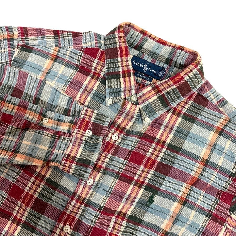 Ralph Lauren Mens XL Classic Fit Plaid Button Down Shirt Red Blue Cotton L/S